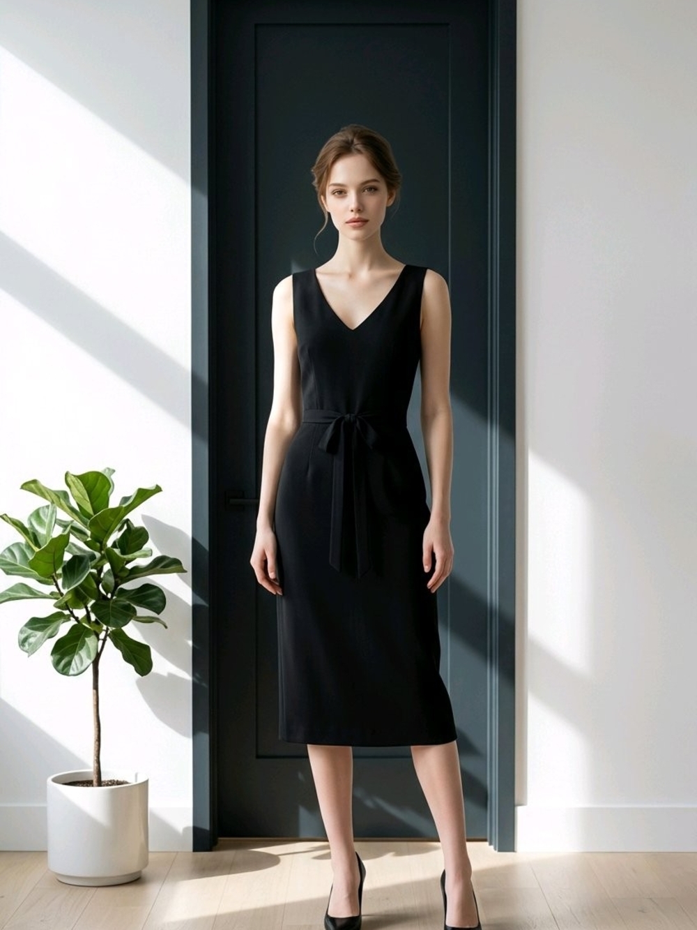 Sandra Angelozzi Black Sleeveless V-Neck Sheath Dress with Waist Tie